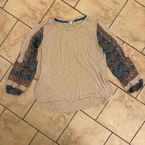 Cream Asymmetrical Blouse with Blue Long Sleeves